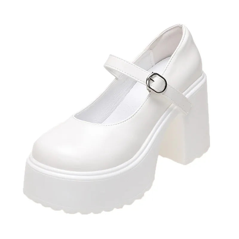 Dropshipman Beige / 35 Chunky Platform High Heels Pumps Women 2023 Autumn Pu Leather Ankle Buckle Mary Jane Shoes Woman Thick Heeled White Lolita Shoes