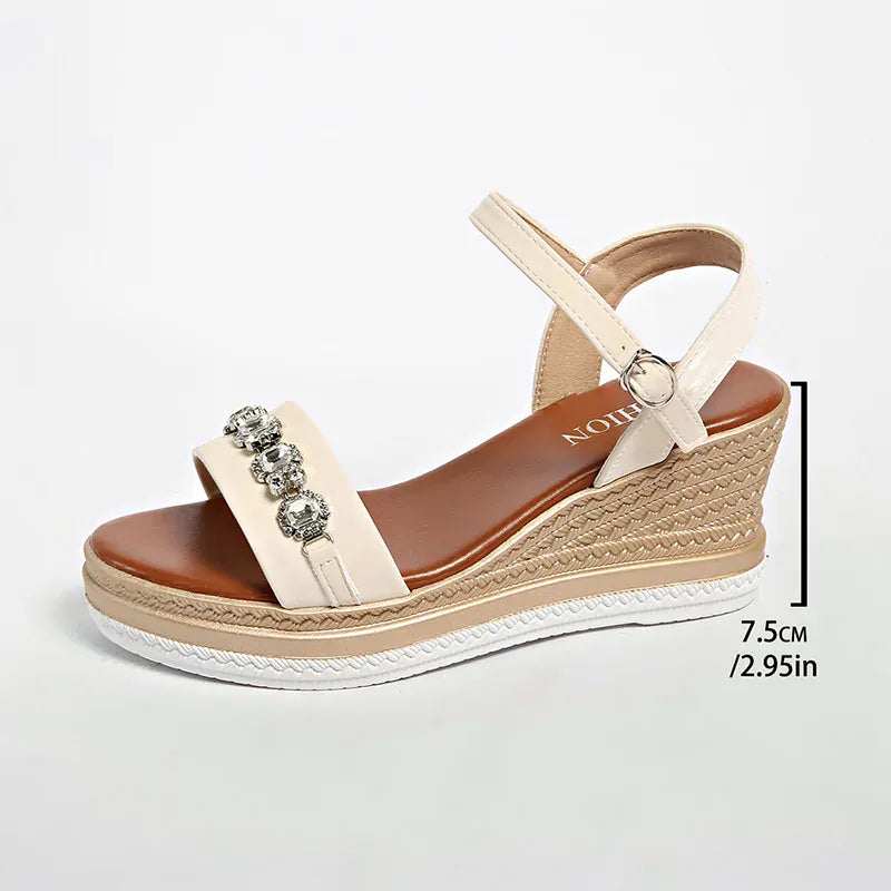 KissICON Beige / 35 Shiny Large Crystal Chain Wedges Sandals for Women