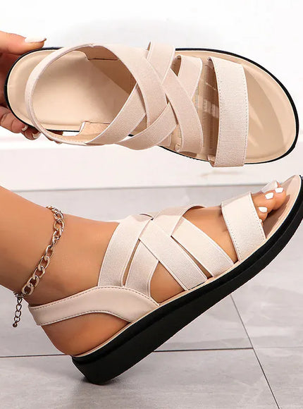 KissICON Beige / 37 Cross Band Decor Wedges Sandals for Women Plus