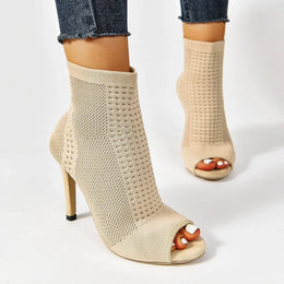 KissICON Beige / 37 Fashion Ladies Peep Toe Stretch Fabric Knitting Ankle