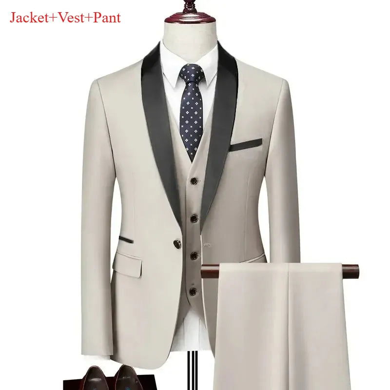 KissICON Beige 3pcs Set / M Mens Black Lapel Suit Coat Vest Trousers for Formal Events