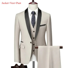 KissICON Beige 3pcs Set / M Mens Black Lapel Suit Coat Vest Trousers for Formal Events