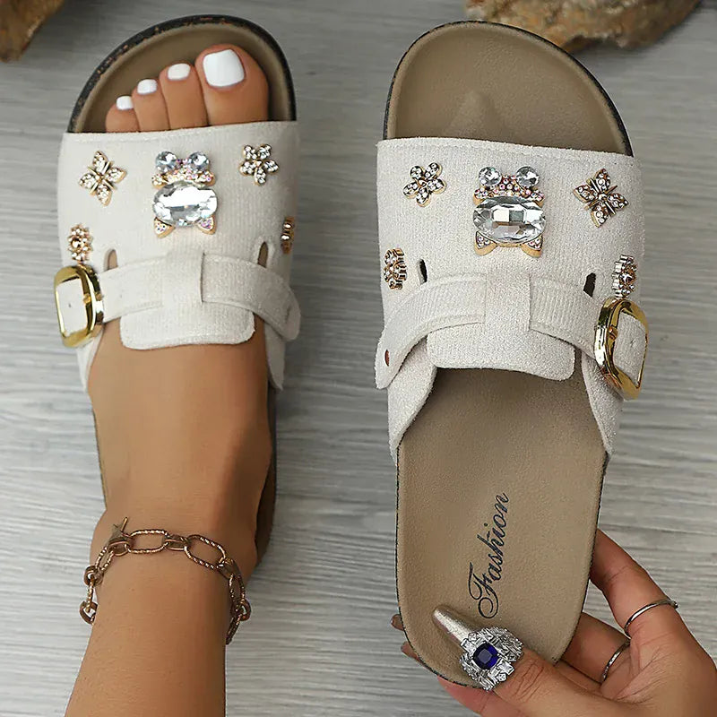KissICON Beige / 41 Shiny Crystal Flock Thick Sole Sandals for Women