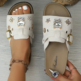 KissICON Beige / 41 Shiny Crystal Flock Thick Sole Sandals for Women