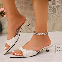 KissICON Beige / 42 Shiny Sequin Low Heels Sandals for Women Plus