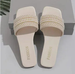 KissICON Beige / 42 Women's Flat Bottom Sandals 2025 Summer New Style Beaded Rhinestone Shoes Womens Outdoor Fashion Slippers
