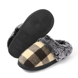 KissICON Beige / 44-45 Fashion Grid Pattern Fuzzy Slippers Women Closed Toe