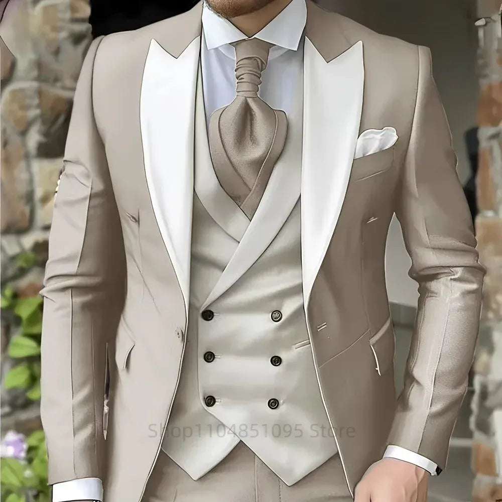 KissICON Beige / 5XL Mens Elegant Peak Lapel 3Piece Tuxedo Suit