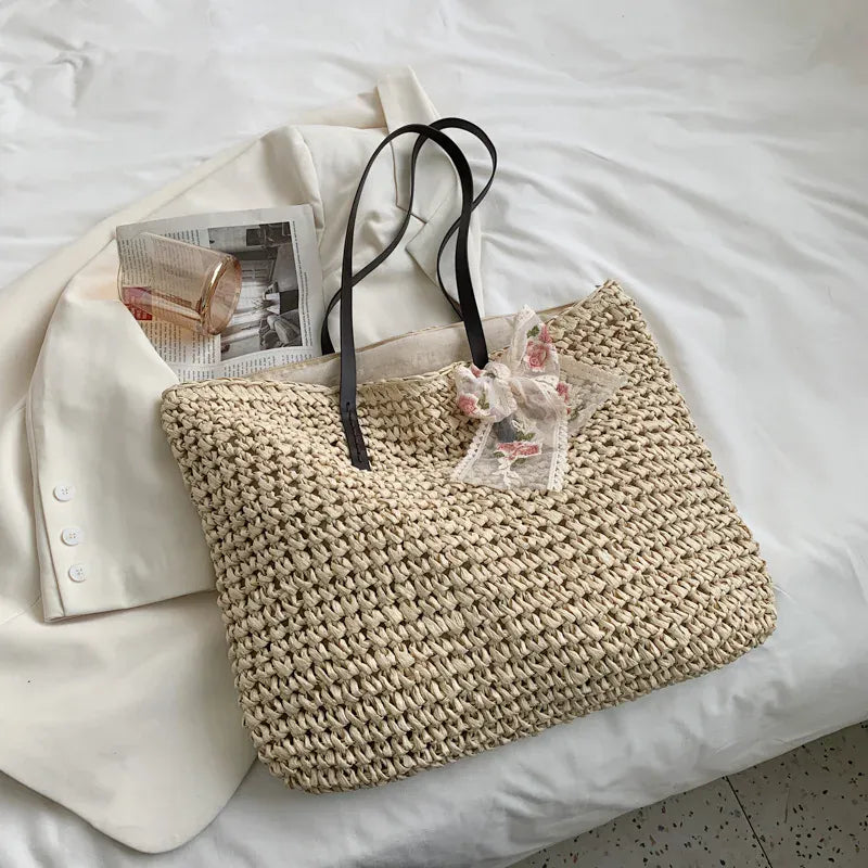 KissICON beige add ribbon / 40x16x35cm Handbag – Beach Rattan Woven