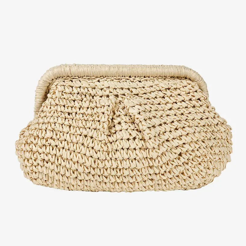 KissICON Beige Beach Vacation Straw Metal Chain Crossbody –