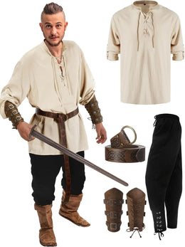 KissICON Beige black / L 4 Pcs Halloween Men's Renaissance Costume Set Medieval Pirate Shirt Ankle Banded Pants Viking Belt Accessories