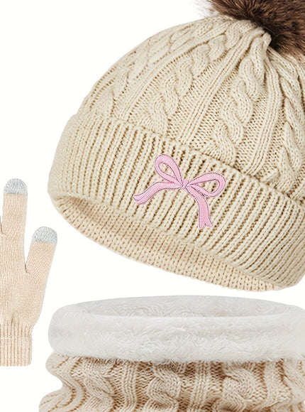 jkthpu-45 Beige bow three-piece set 3Pc Womens Cozy Winter Hat Scarf Gloves Set
