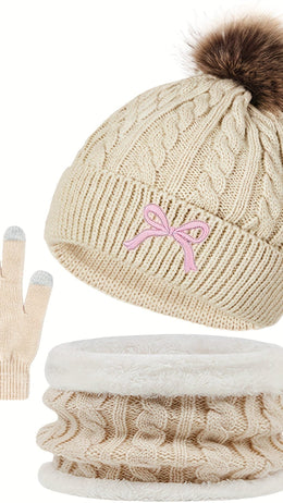 jkthpu-45 Beige bow three-piece set 3Pc Womens Cozy Winter Hat Scarf Gloves Set