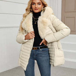 jkthpu-45 Beige Color / UK 8 Elegant PU Velvet Hooded Coat with Faux Fur Collar