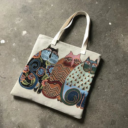 KissICON beige Cute Cat Pattern Wide Horizontal Canvas Tote