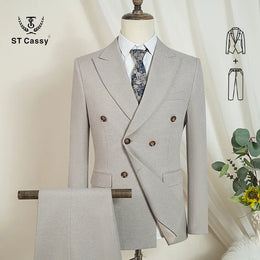 KissICON beige gray 2-pcs set / S Luxury Light Brown TwoPiece Elegant Wedding Dinner Man Suit