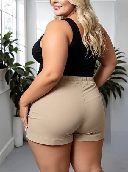 KissICON Beige High-Waisted Tailored Shorts – Plus Size Chic & Comfortable