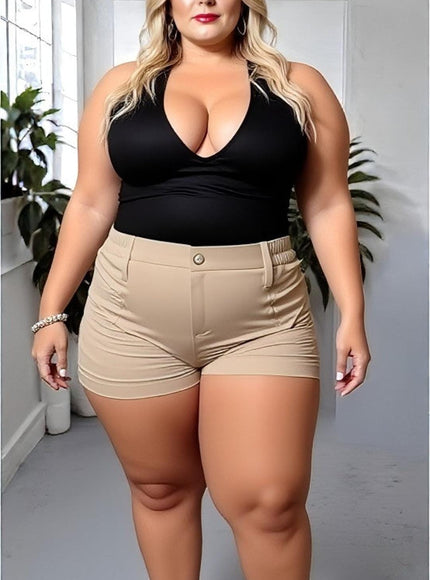 KissICON Beige High-Waisted Tailored Shorts – Plus Size Chic & Comfortable