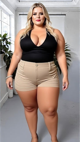 KissICON Beige High-Waisted Tailored Shorts – Plus Size Chic & Comfortable