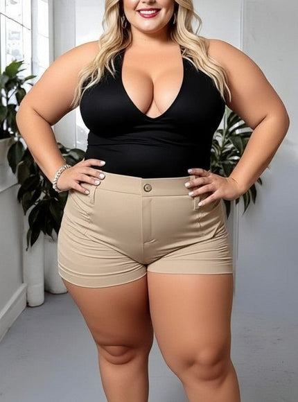 KissICON Beige High-Waisted Tailored Shorts – Plus Size Chic & Comfortable