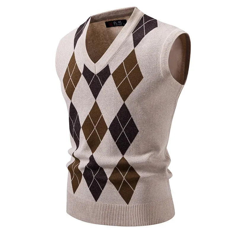 KissICON Beige / M Mens Argyle Knit Vest Stylish Slim Fit Pullover