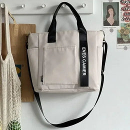 Dropshipman Beige New Casual Tote Large Capacity Shoulder Bag Nylon Waterproof Canvas Handbag Simple Fashion Messenger Bags For Schoolgirl