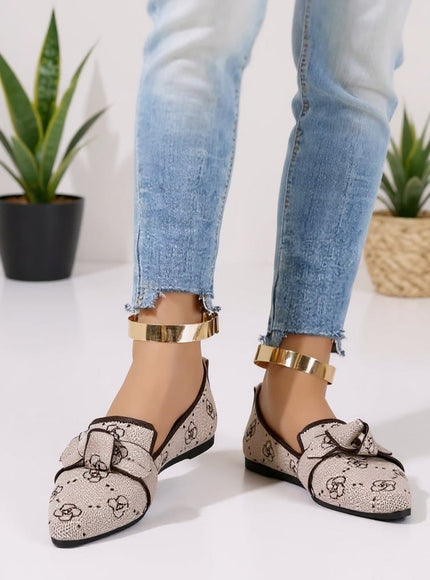 KissICON Beige Patterned Bow Detail Pointed Flats