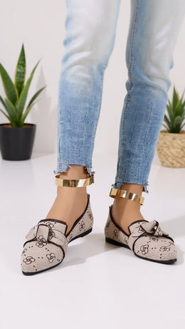 KissICON Beige Patterned Bow Detail Pointed Flats