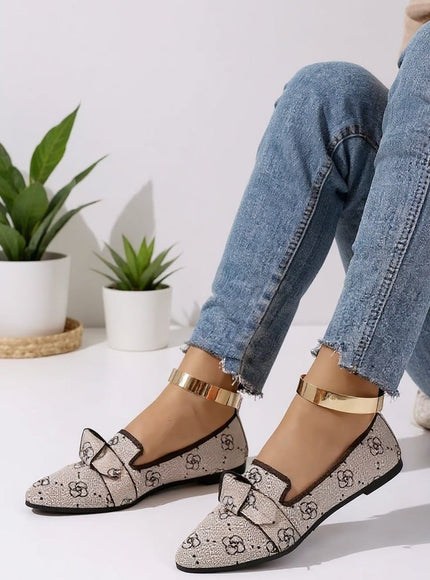 KissICON Beige Patterned Bow Detail Pointed Flats