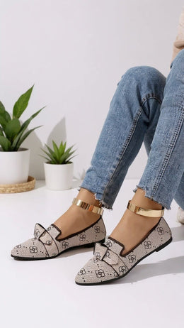 KissICON Beige Patterned Bow Detail Pointed Flats