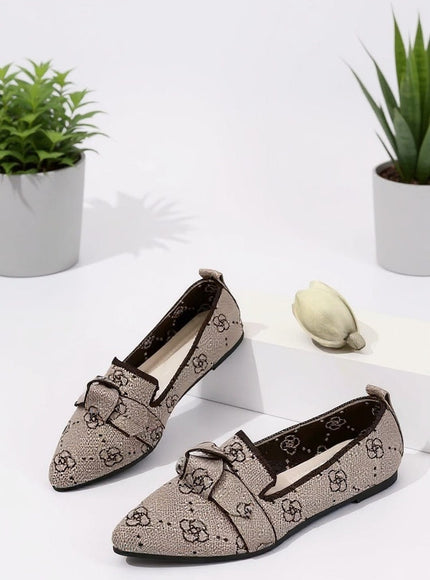 KissICON Beige Patterned Bow Detail Pointed Flats
