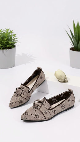 KissICON Beige Patterned Bow Detail Pointed Flats