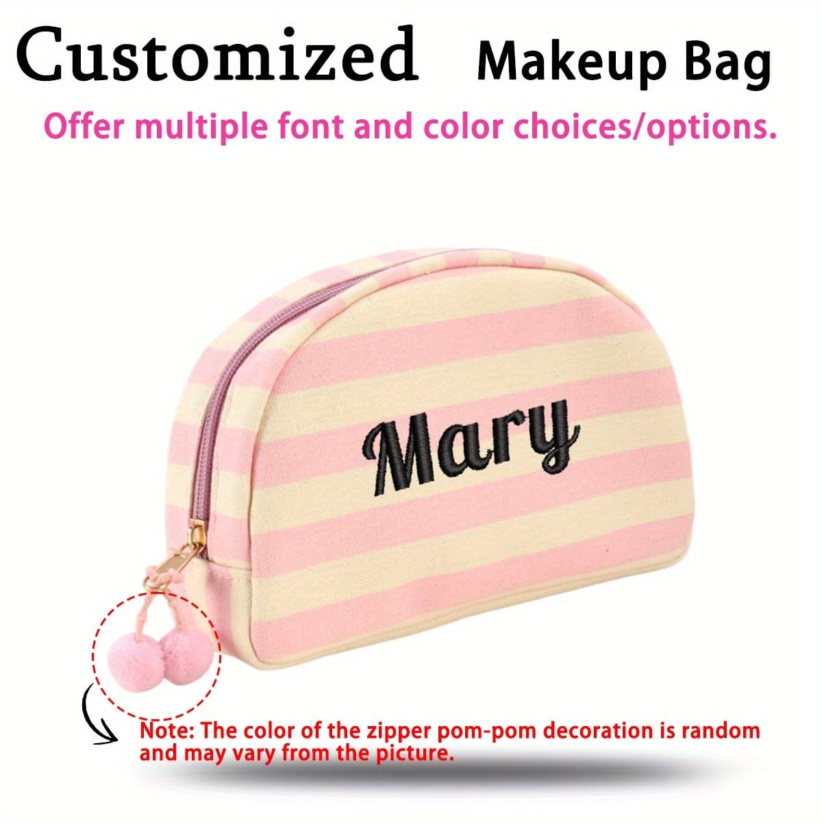 KissICON Beige Pink Custom Embroidered Striped Pouch Your Words Your Style