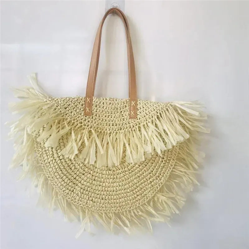 KissICON Beige Straw Personality Woven Shoulder Vacation Beach Bag