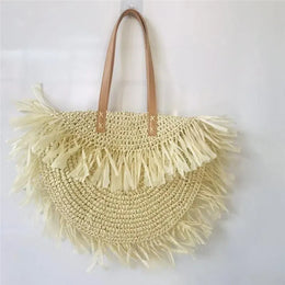 KissICON Beige Straw Personality Woven Shoulder Vacation Beach Bag