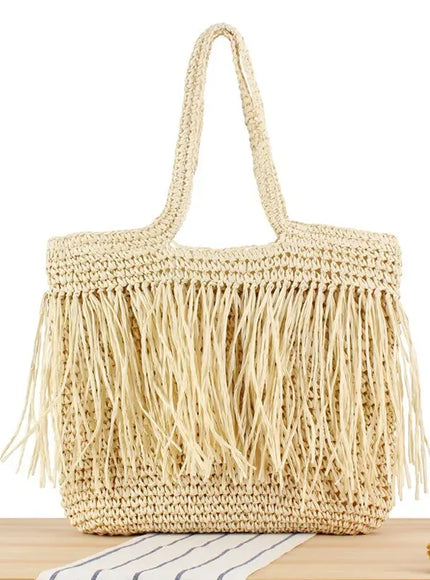KissICON Beige Tassel Hand-woven Holiday Shoulder Bag
