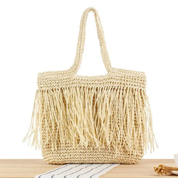 KissICON Beige Tassel Hand-woven Holiday Shoulder Bag