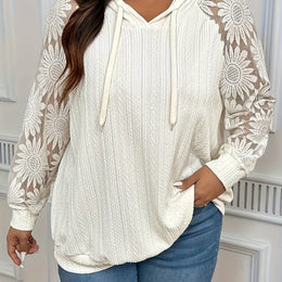 jkthpu-45 Beige / UK 18 Elegant Plus Size Long Sleeve Hoodie with Lace Drawstring