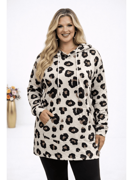 KissICON Hoodie Beige / UK 18 / US 14 Plus Size Leopard Print Hooded Long-Sleeve Sweatshirt