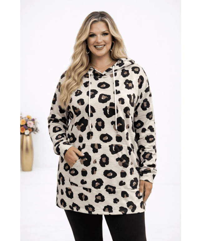 KissICON Hoodie Beige / UK 18 / US 14 Plus Size Leopard Print Hooded Long-Sleeve Sweatshirt