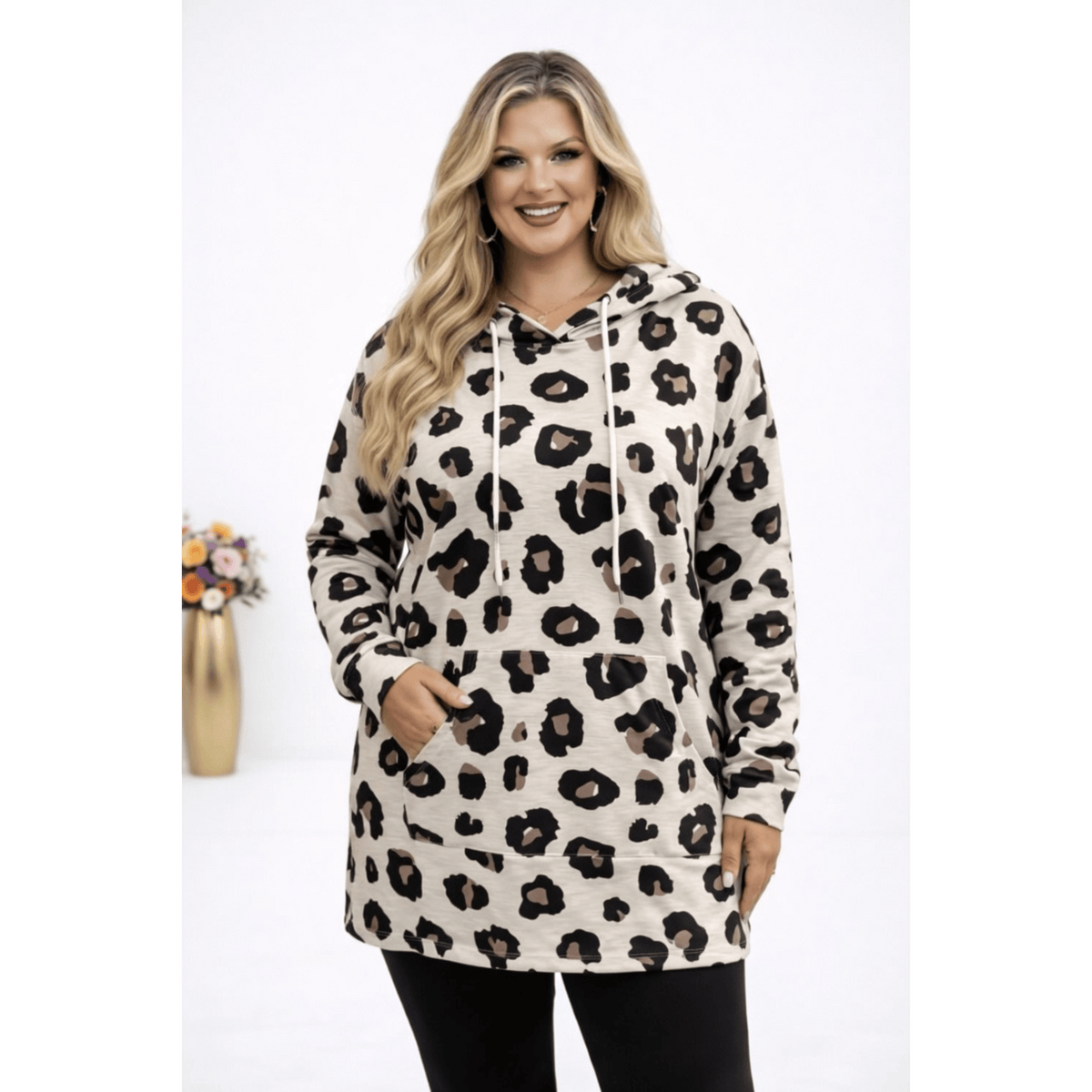 KissICON Hoodie Beige / UK 18 / US 14 Plus Size Leopard Print Hooded Long-Sleeve Sweatshirt
