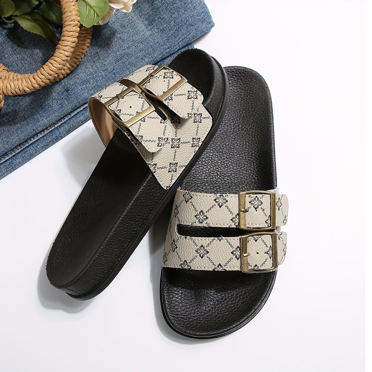 jkthpu-45 Beige / UK 3.5 Chic Floral Double Buckle Summer Slide Sandals