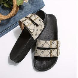 jkthpu-45 Beige / UK 3.5 Chic Floral Double Buckle Summer Slide Sandals