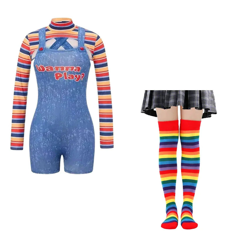 KissICON Beige / XL / halloween costume Halloween Costumes for Women Scary Nightmare Killer Doll Wanna Play Movie Character Chucky Doll Costume With Stockings