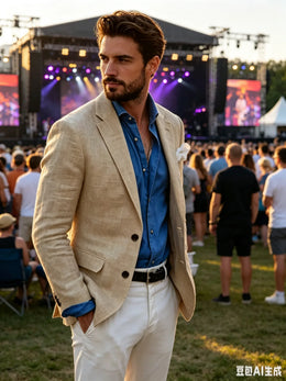 KissICON Beige / XXXL BeigeBlue Linen Mens Slim Fit TwoButton Blazer