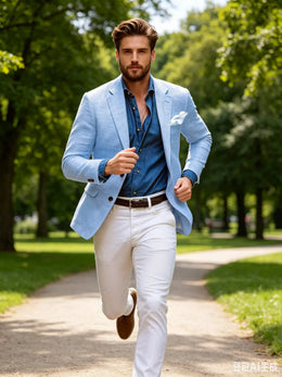 KissICON BeigeBlue Linen Mens Slim Fit TwoButton Blazer