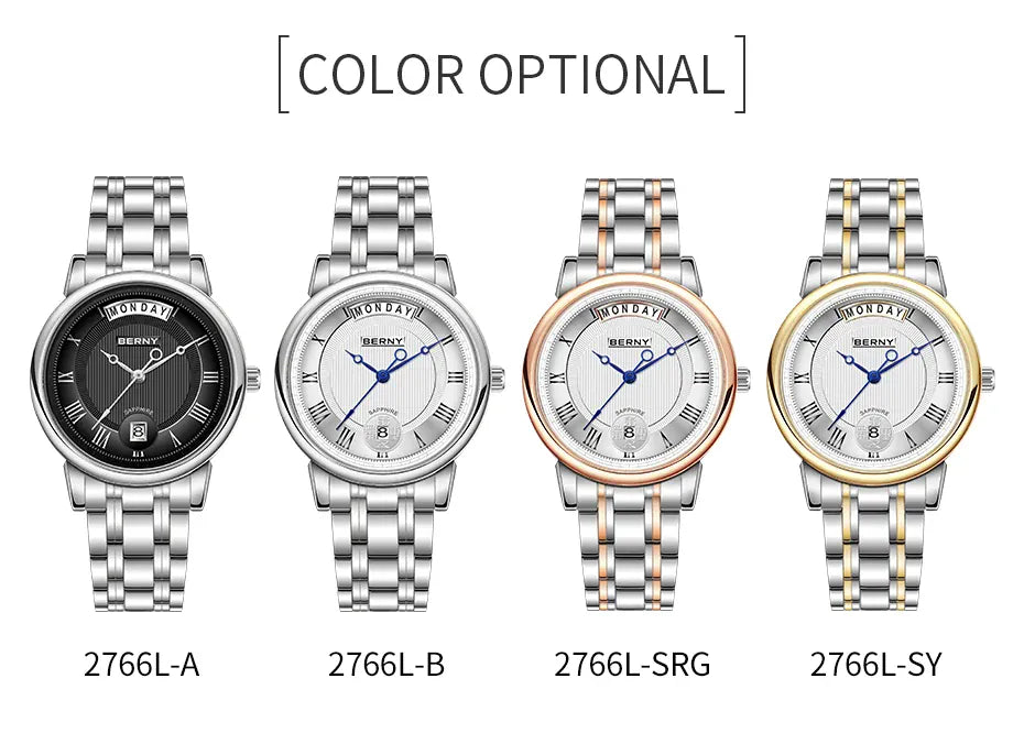 KissICON BERNY Women Watch Ladies Quartz Roman Numerals Day Top Calendar Watches Sapphire Glass Solid Steel Strap Women Wristwatch