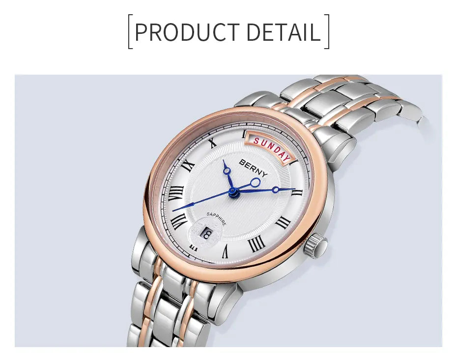KissICON BERNY Women Watch Ladies Quartz Roman Numerals Day Top Calendar Watches Sapphire Glass Solid Steel Strap Women Wristwatch