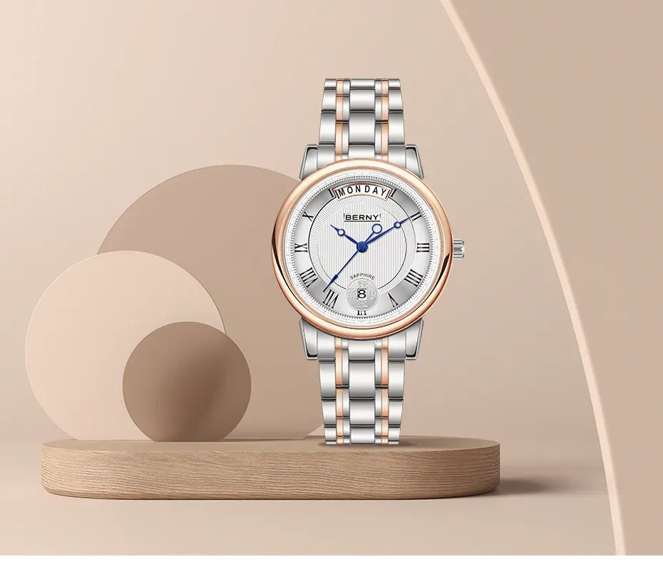 KissICON BERNY Women Watch Ladies Quartz Roman Numerals Day Top Calendar Watches Sapphire Glass Solid Steel Strap Women Wristwatch