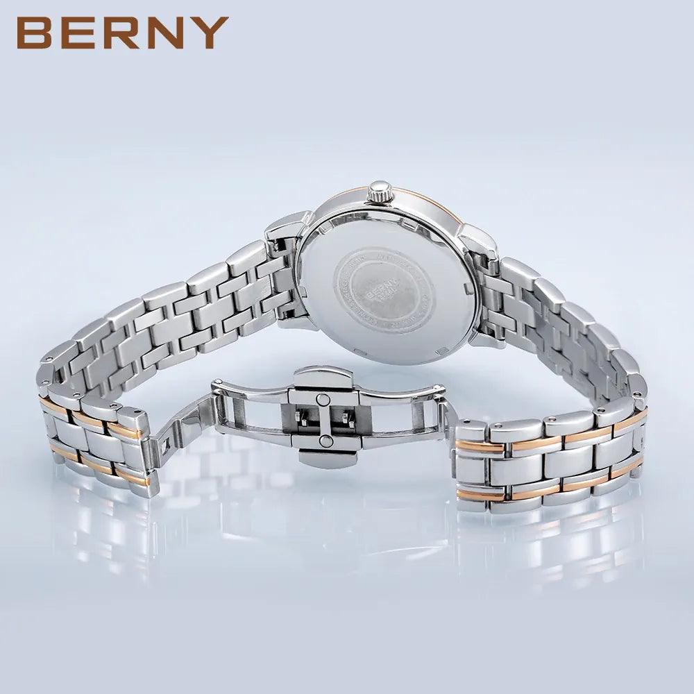 KissICON BERNY Women Watch Ladies Quartz Roman Numerals Day Top Calendar Watches Sapphire Glass Solid Steel Strap Women Wristwatch